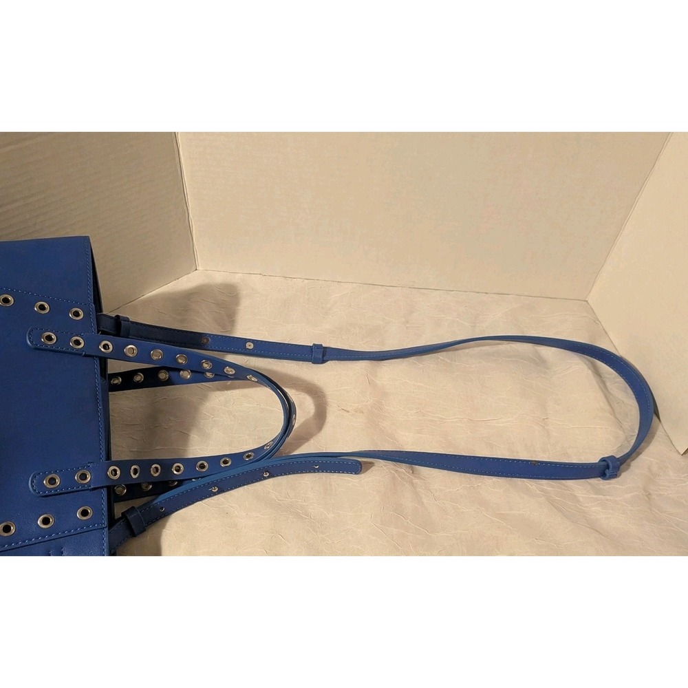 French Connection Purse Blue Faux Leather Bag Tote Grommets Double Handle - Picture 15 of 16